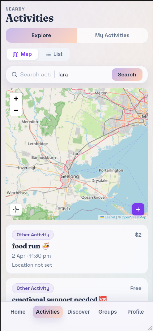 Activities near you — a live list of local things happening, sorted by distance